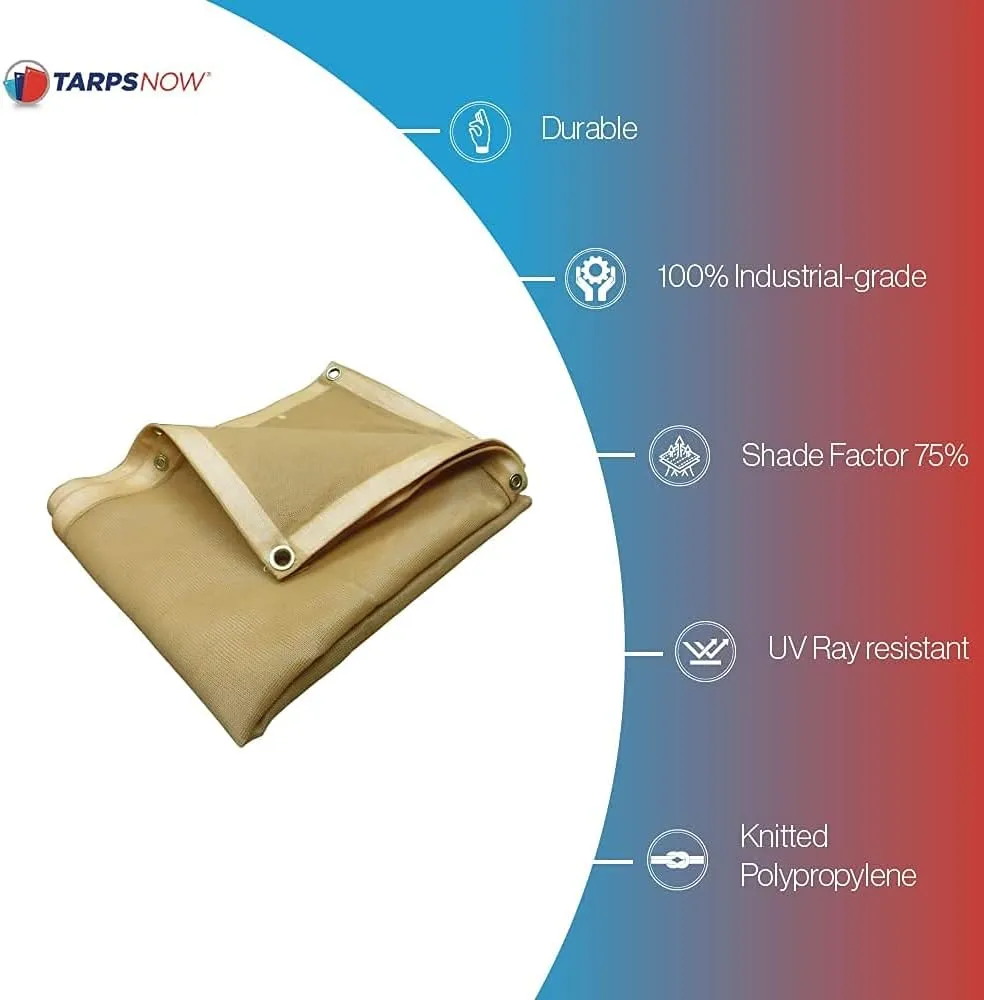 Tarps Now 6x10 ft Heavy Duty Mesh Tarp, 75% Shade Cloth with Brass Grommets & Reinforced Edges, Multipurpose Protective Cover Tarpaulin with Air Flow for Dump Trucks, Tie Downs, & Canopies -Tan