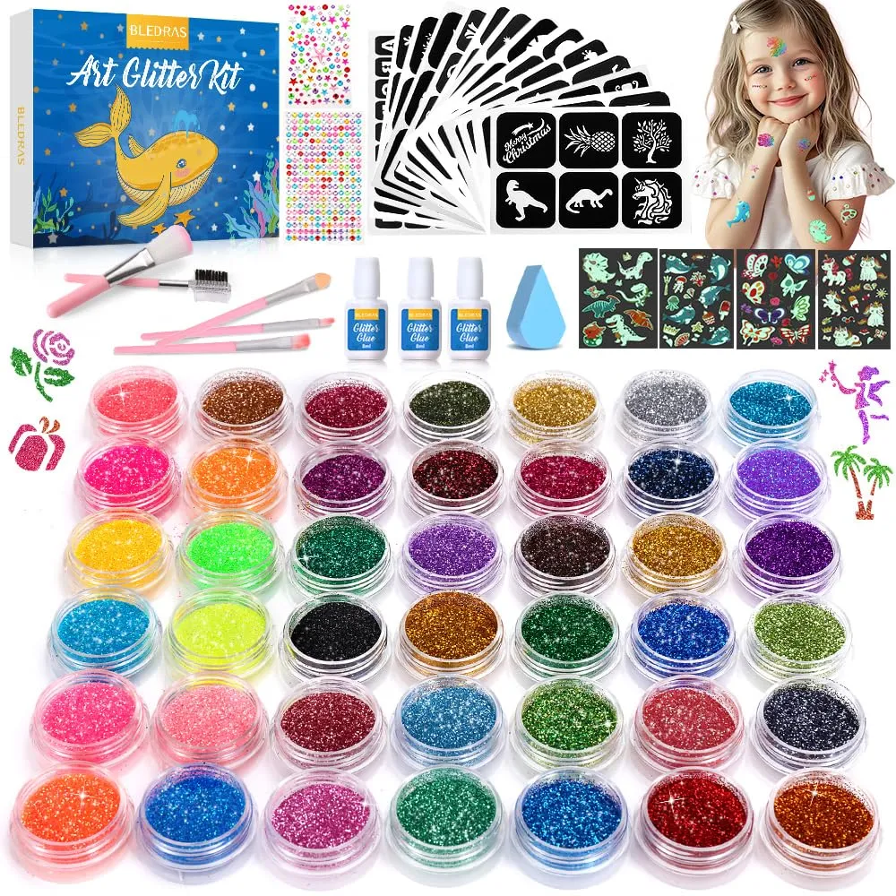 Temporary Glitter Tattoo Kids, Bledras 42 Glitter Colors Glitter Tattoo Kit,210 Unique Stencils,3 Glue,5 Brushes,6 Stickers, Glitter Tattoos for Kids,Adults,Boys Girls Birthday Party Halloween