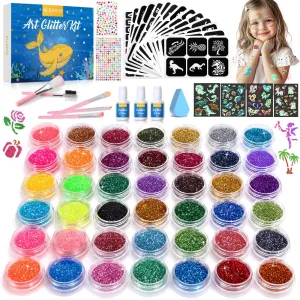 Temporary Glitter Tattoo Kids, Bledras 42 Glitter Colors Glitter Tattoo Kit,210 Unique Stencils,3 Glue,5 Brushes,6 Stickers, Glitter Tattoos for Kids,Adults,Boys Girls Birthday Party Halloween
