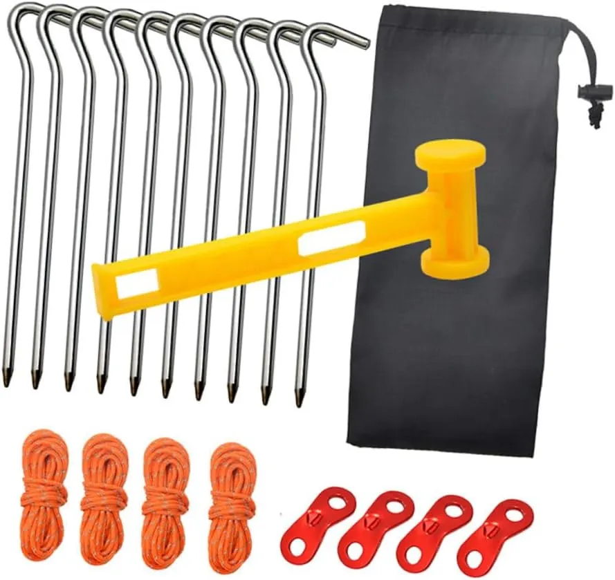 Tent Accessories Set for Outdoor 20pcs Aluminum Alloy Floor Nails Reflective Rope Set Wind Buckles Tarp Tent Guyline Adjusters Kit