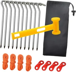 Tent Accessories Set for Outdoor 20pcs Aluminum Alloy Floor Nails Reflective Rope Set Wind Buckles Tarp Tent Guyline Adjusters Kit