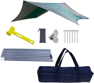 Tent Rain Fly Tent Tarp Camping Tarpaulin Beach Tent Awning with Tarpaulin Pole 410x410cm for Camping Outdoor Travel (Green)