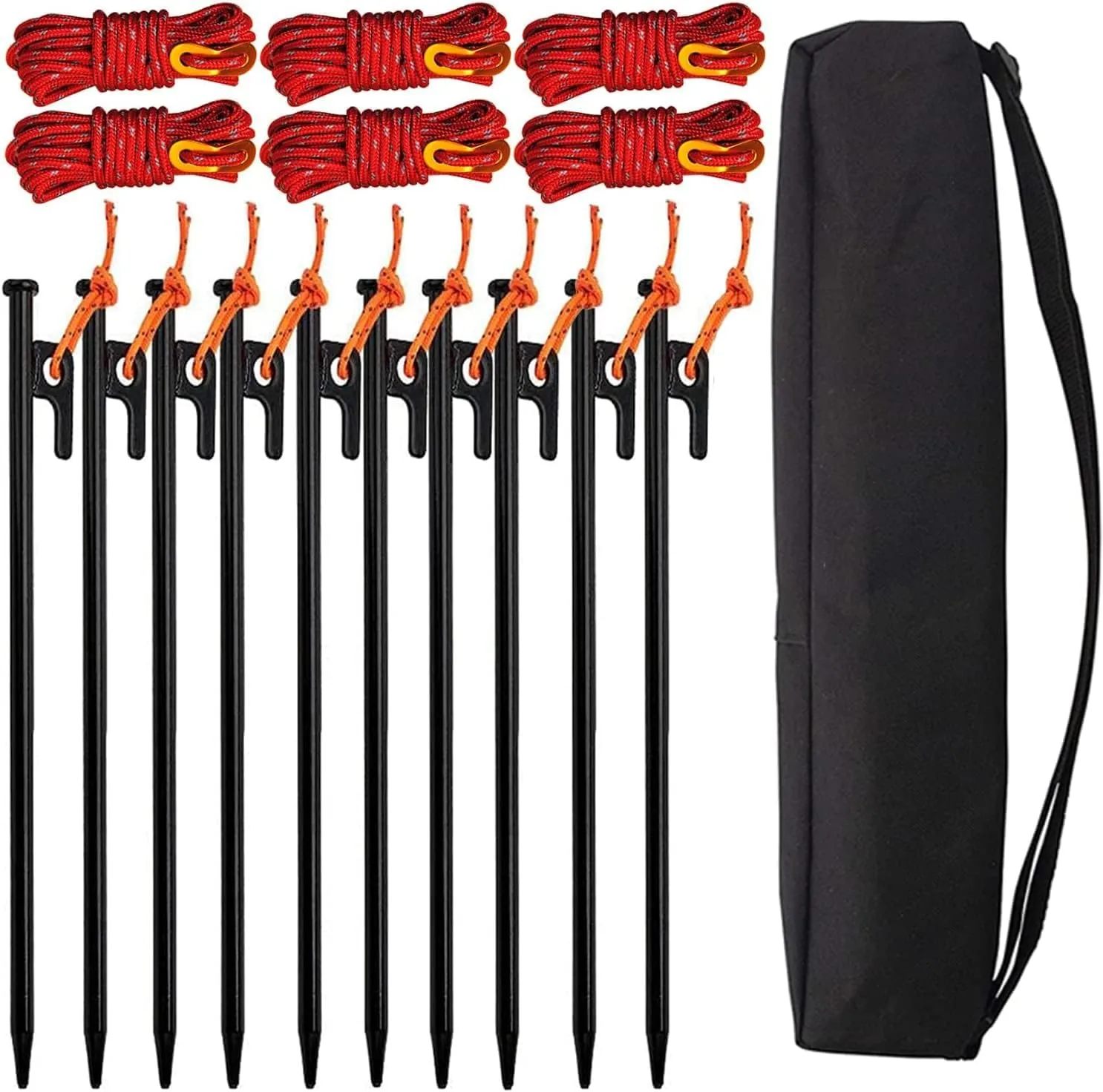 Tent Stakes 10 Pack Tent Stakes Heavy Duty 12 inch Steel Tent Pegs with Reflective Pull Ropes,Tarp Pegs Camping Stakes for Outdoor Camping with 6 Ropes 13FT Length and Storage Bag, Silver