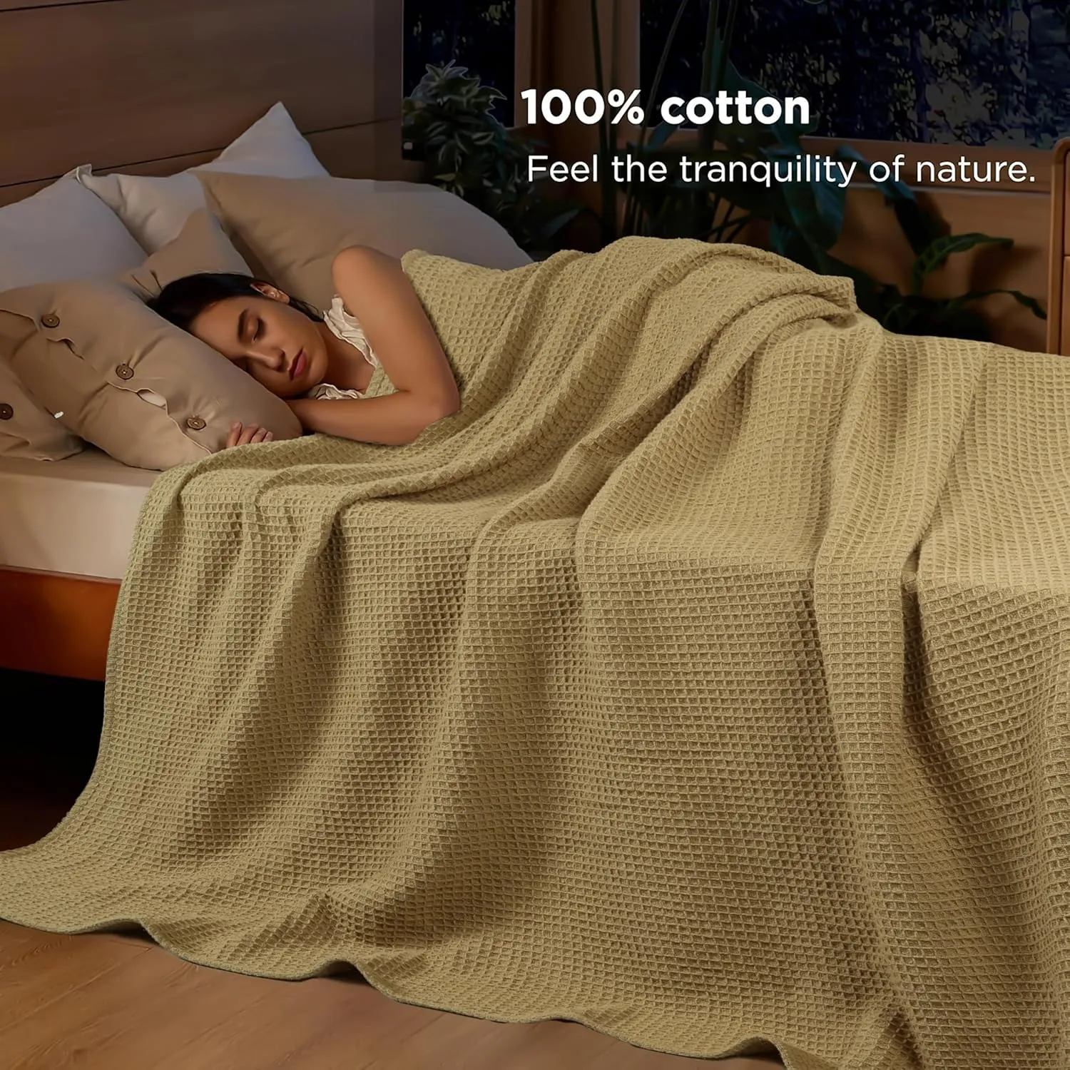 Tex Trend 100% Cotton Blankets King Size – Durable and Versatile Waffle Weave Blankets for Year Round Coziness – Breathable & Lightweight - Khaki (90”x108”)