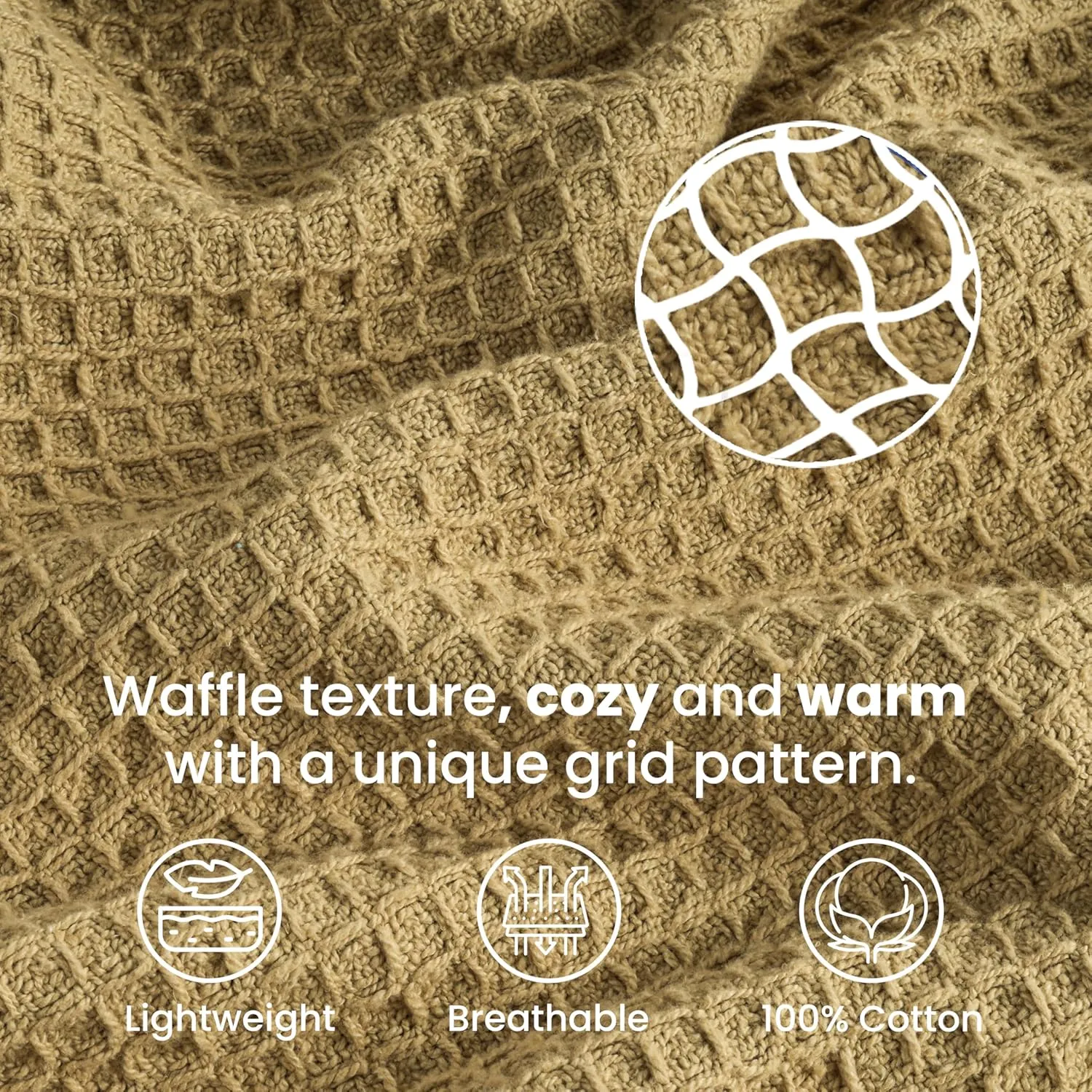 Tex Trend 100% Cotton Blankets King Size – Durable and Versatile Waffle Weave Blankets for Year Round Coziness – Breathable & Lightweight - Khaki (90”x108”)