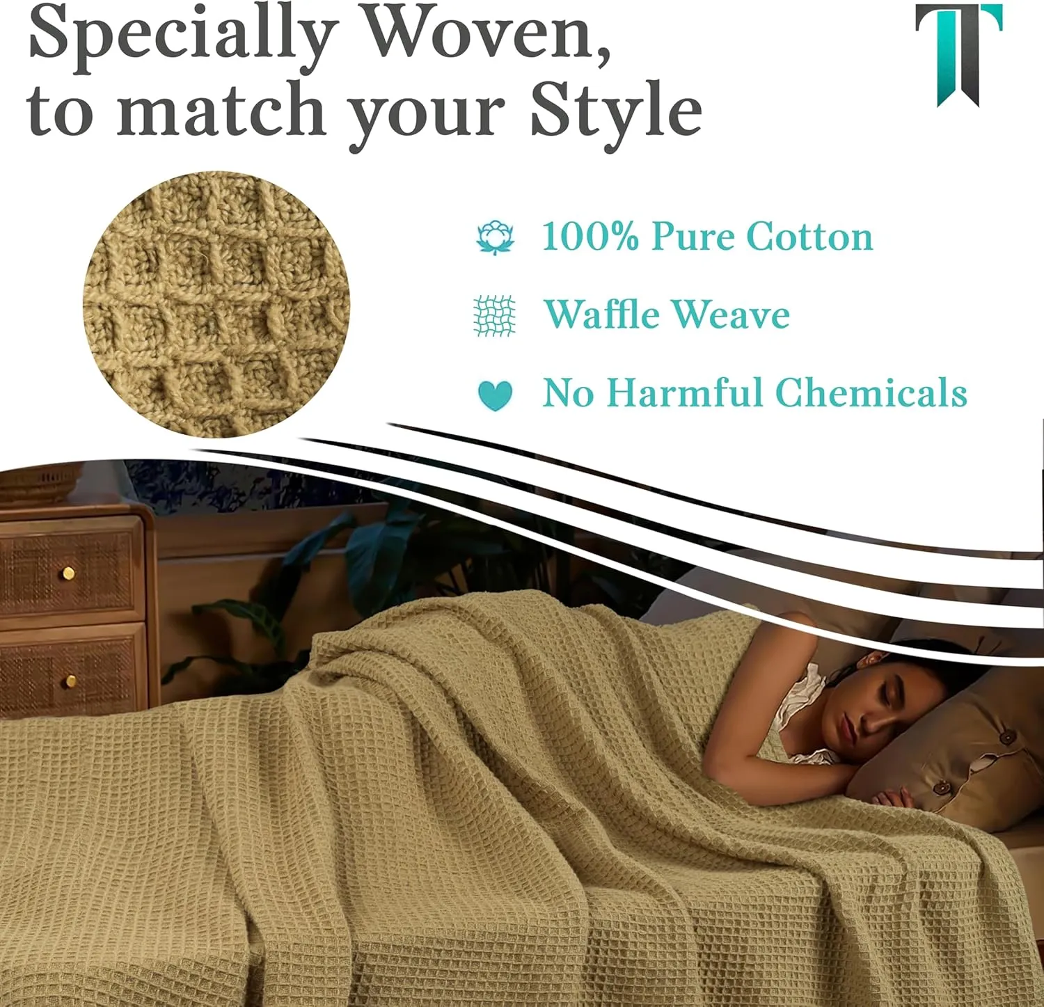 Tex Trend 100% Cotton Blankets King Size – Durable and Versatile Waffle Weave Blankets for Year Round Coziness – Breathable & Lightweight - Khaki (90”x108”)