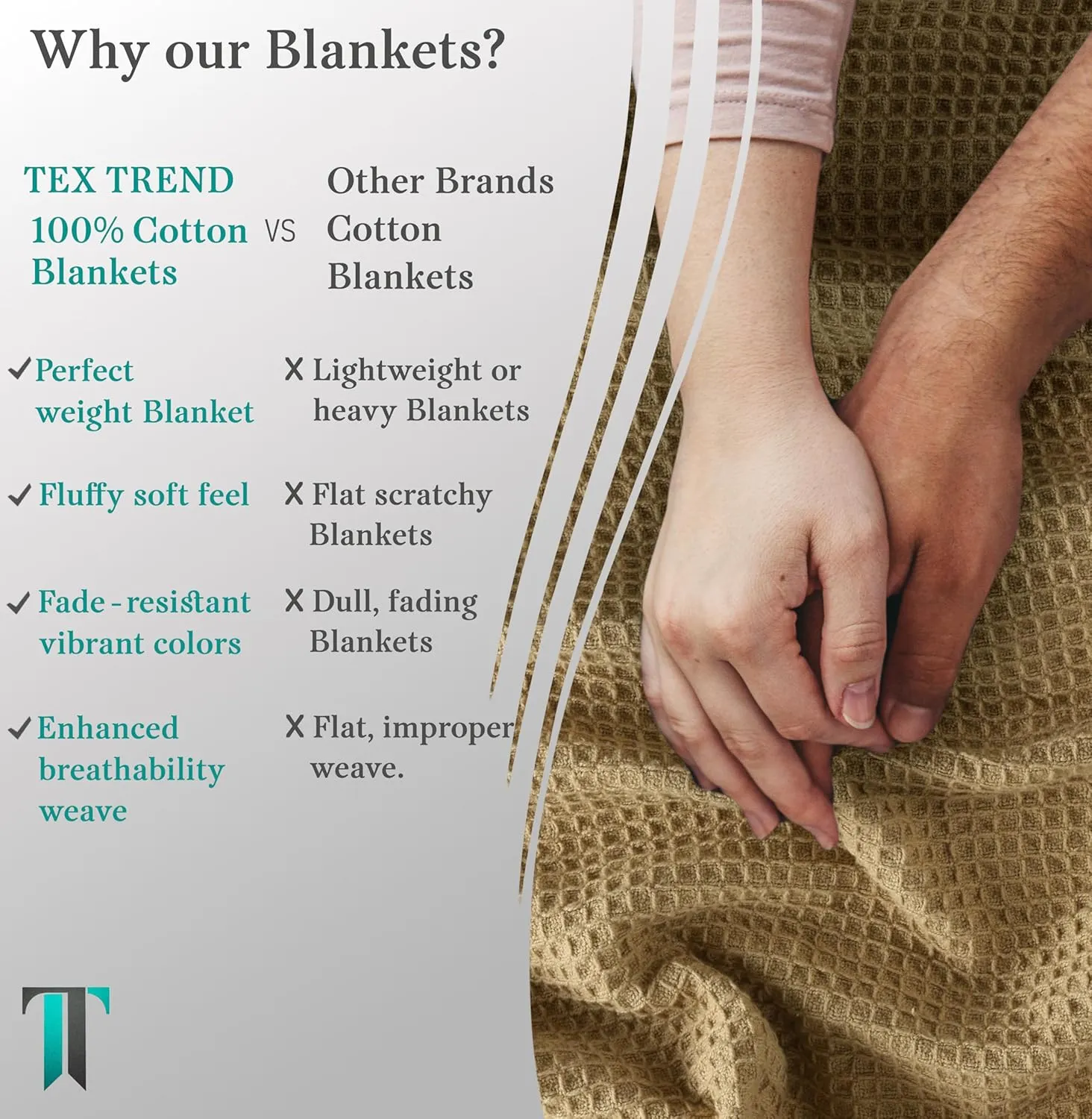 Tex Trend 100% Cotton Blankets King Size – Durable and Versatile Waffle Weave Blankets for Year Round Coziness – Breathable & Lightweight - Khaki (90”x108”)