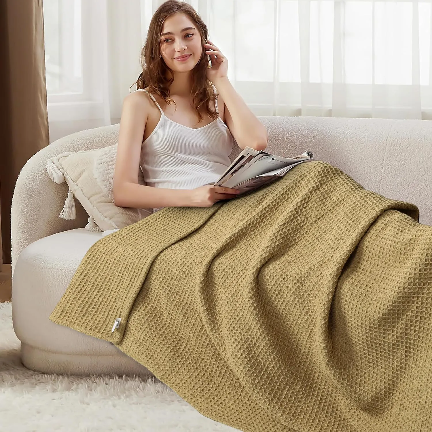 Tex Trend 100% Cotton Blankets King Size – Durable and Versatile Waffle Weave Blankets for Year Round Coziness – Breathable & Lightweight - Khaki (90”x108”)