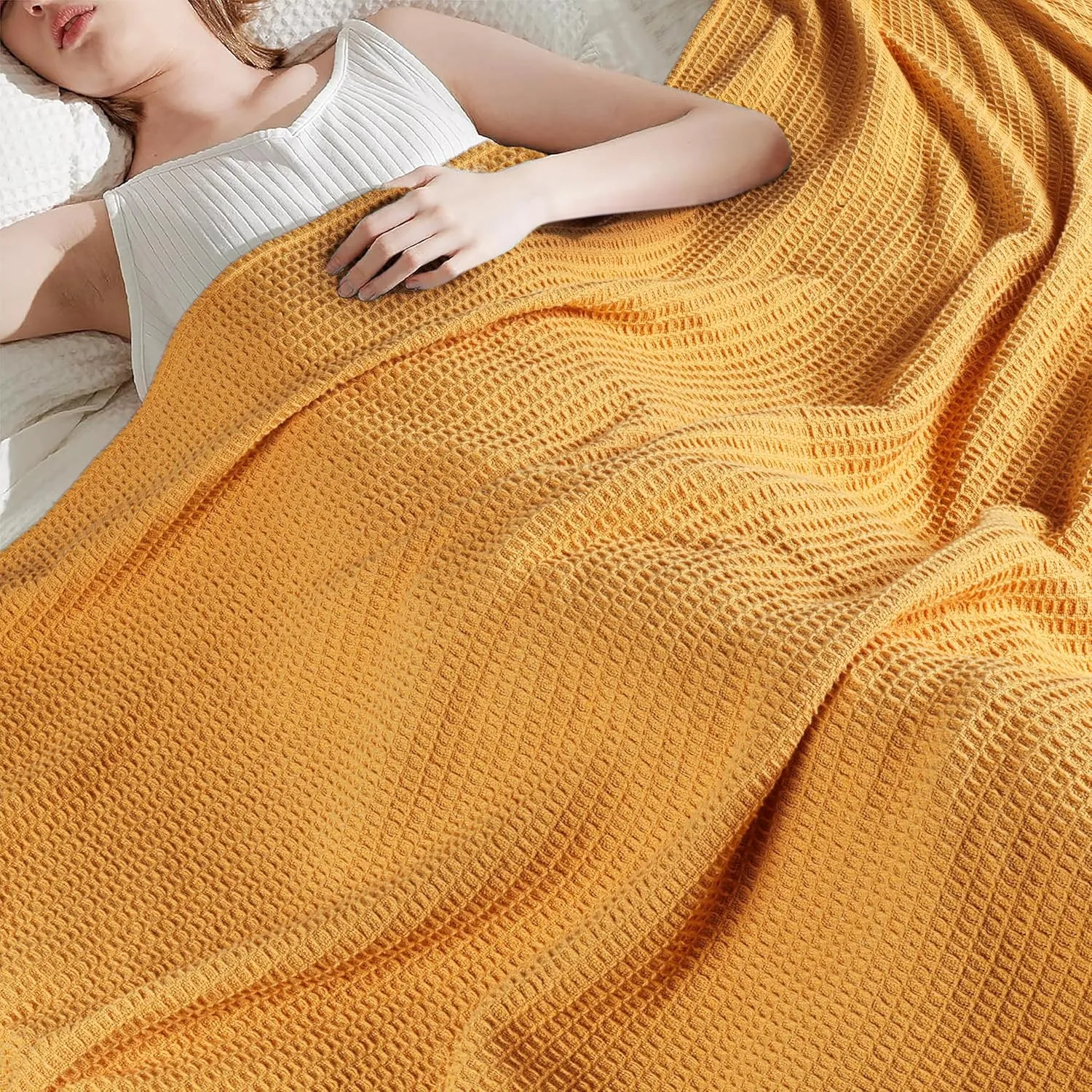 Tex Trend 100% Cotton Blankets King Size – Durable and Versatile Waffle Weave Blankets for Year Round Coziness – Warm & Lightweight - Mustard (90”x108”)