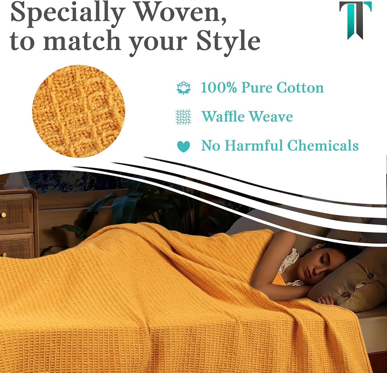 Tex Trend 100% Cotton Blankets King Size – Durable and Versatile Waffle Weave Blankets for Year Round Coziness – Warm & Lightweight - Mustard (90”x108”)