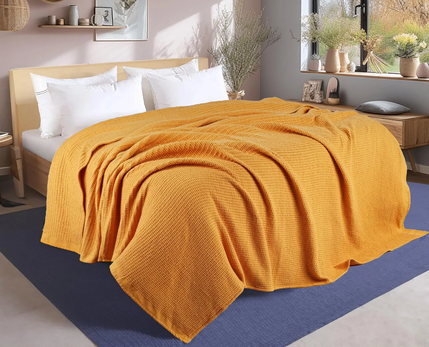 Tex Trend 100% Cotton Blankets King Size – Durable and Versatile Waffle Weave Blankets for Year Round Coziness – Warm & Lightweight - Mustard (90”x108”)