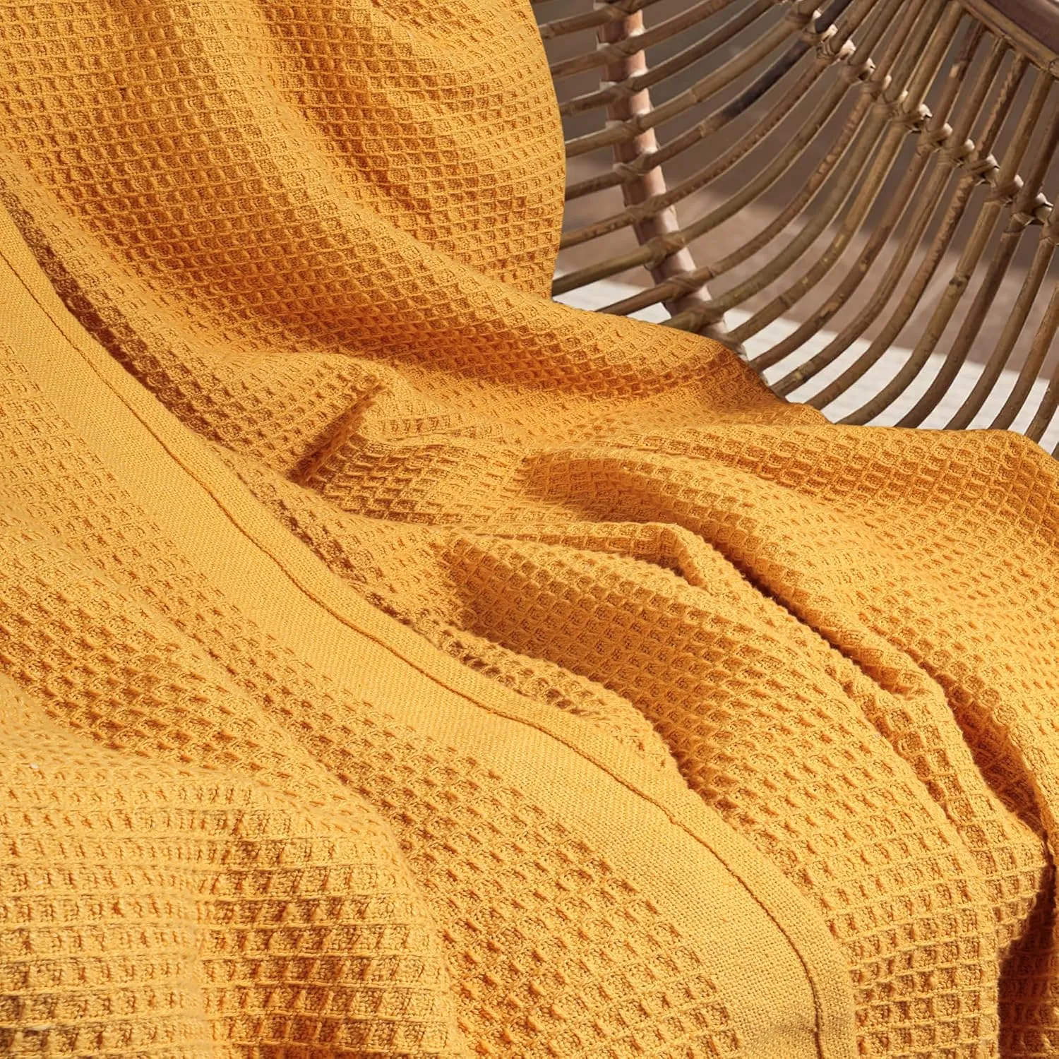 Tex Trend 100% Cotton Blankets King Size – Durable and Versatile Waffle Weave Blankets for Year Round Coziness – Warm & Lightweight - Mustard (90”x108”)