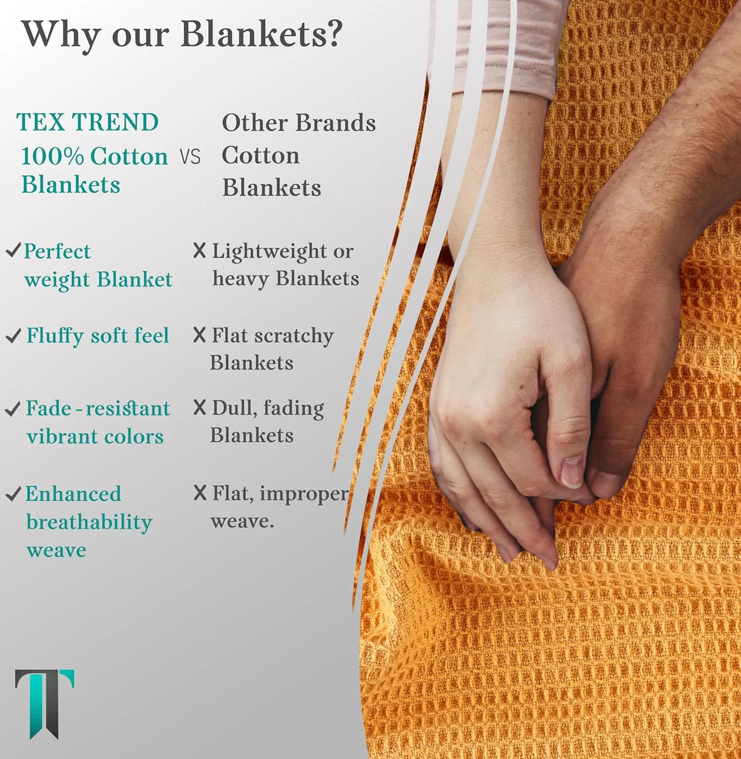 Tex Trend 100% Cotton Blankets King Size – Durable and Versatile Waffle Weave Blankets for Year Round Coziness – Warm & Lightweight - Mustard (90”x108”)