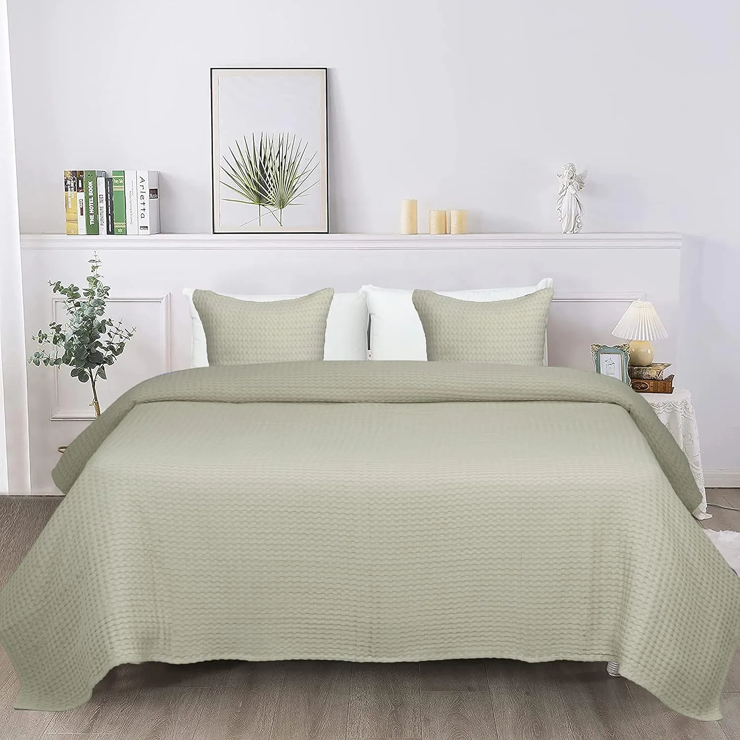 Tex Trend 100% Cotton Queen Size Waffle Weave Blanket - Lightweight, Breathable, Khaki, 90x90 Inches