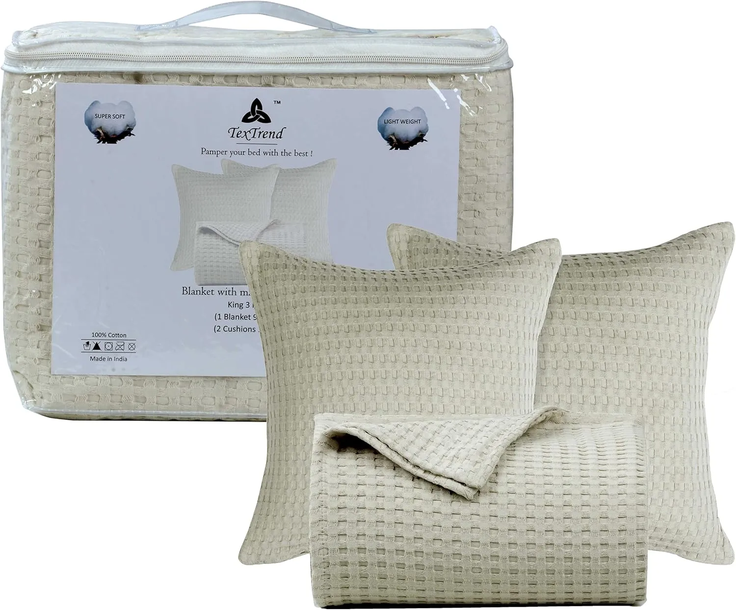 Tex Trend 100% Cotton Queen Size Waffle Weave Blanket - Lightweight, Breathable, Khaki, 90x90 Inches
