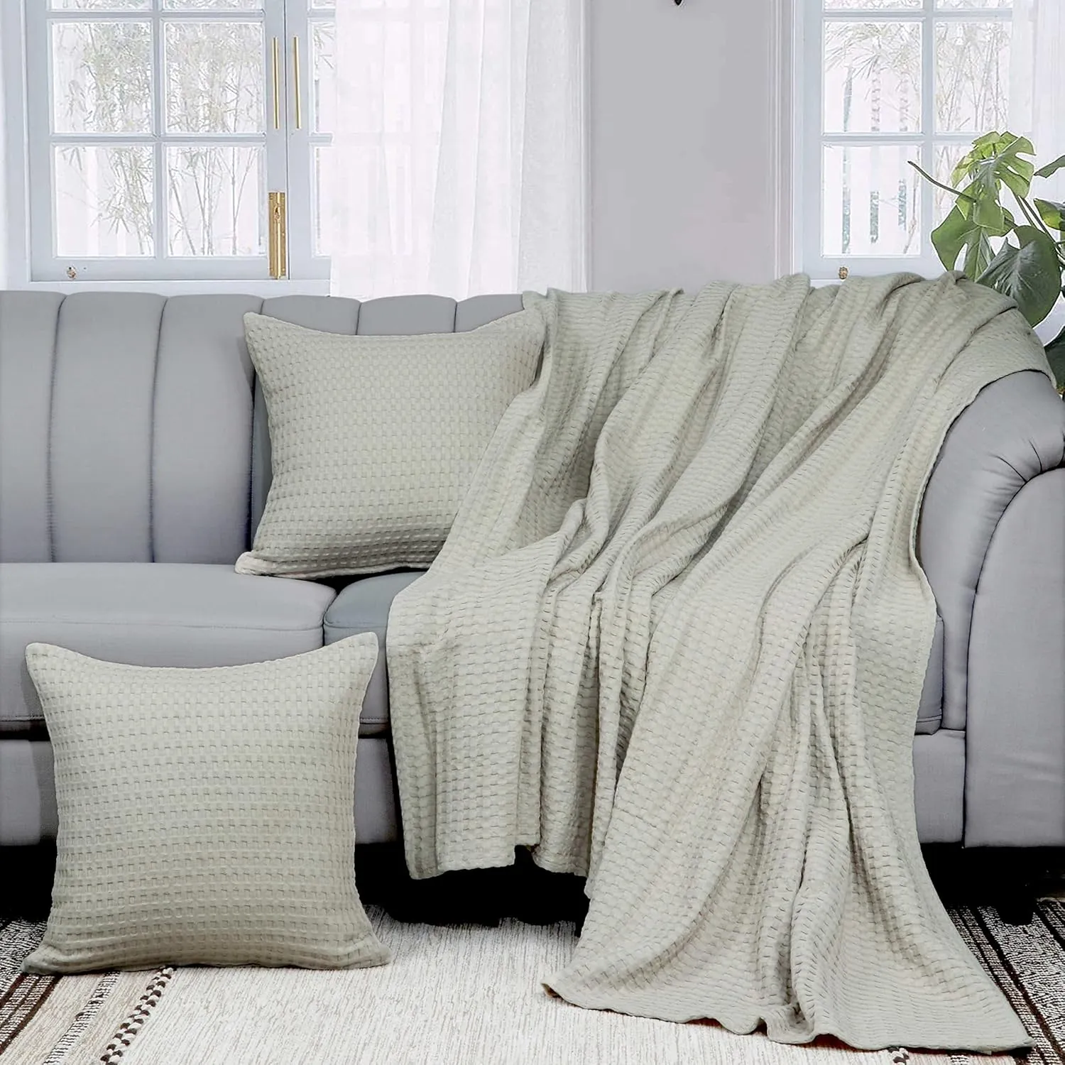 Tex Trend 100% Cotton Queen Size Waffle Weave Blanket - Lightweight, Breathable, Khaki, 90x90 Inches
