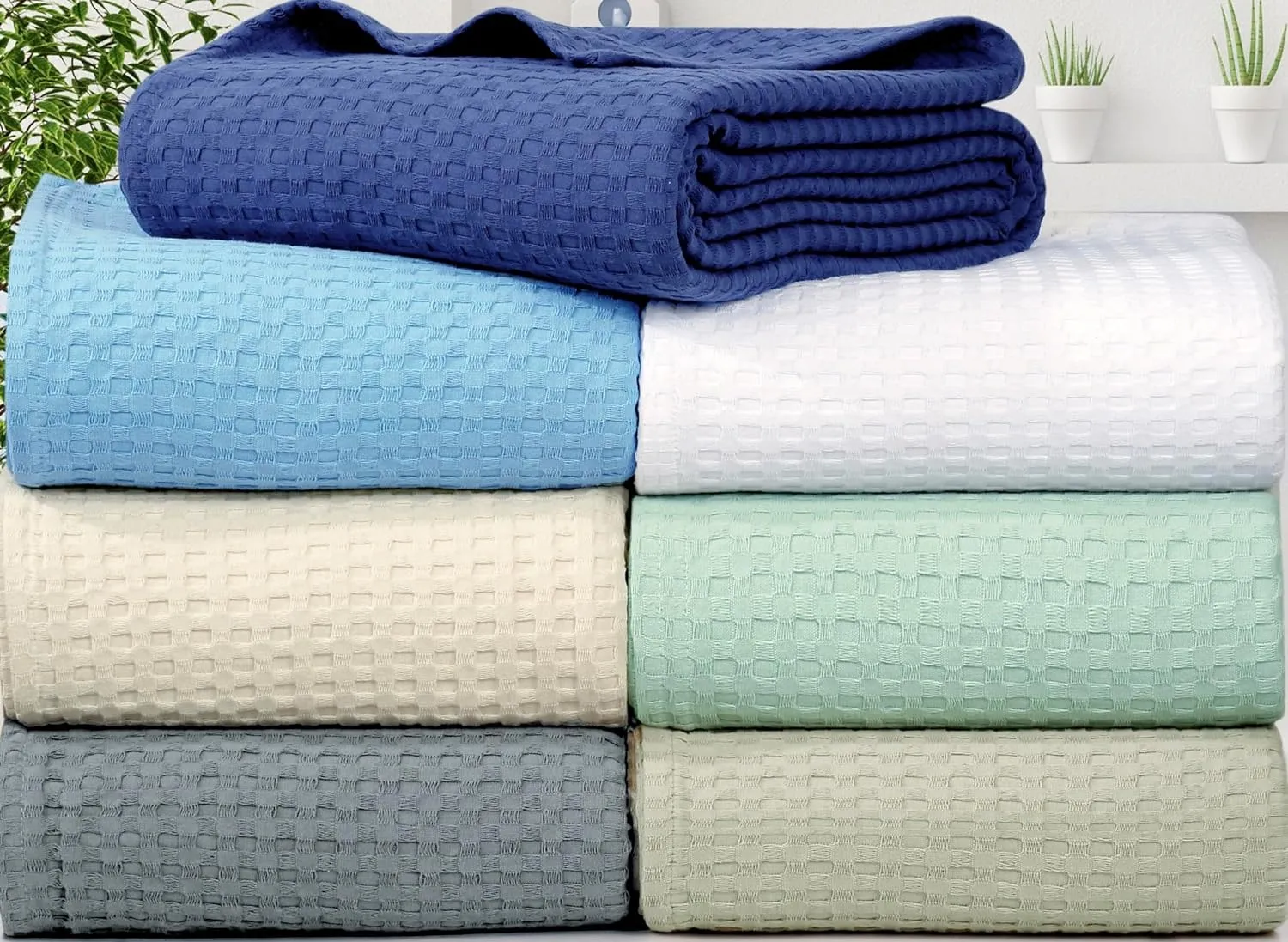 Tex Trend 100% Cotton Queen Size Waffle Weave Blanket - Lightweight, Breathable, Khaki, 90x90 Inches
