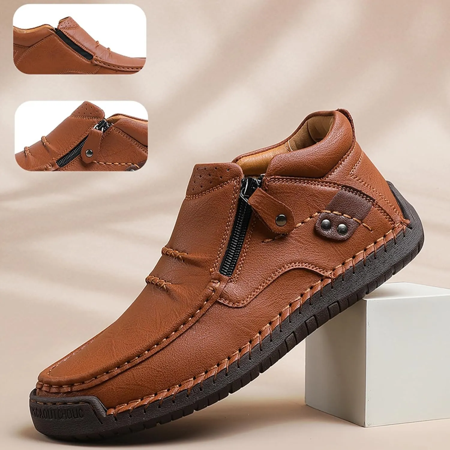 The First Young Shoes Men, Handmade Premium Leather Slip On Driving Boots, Outdoor Casual Shoes