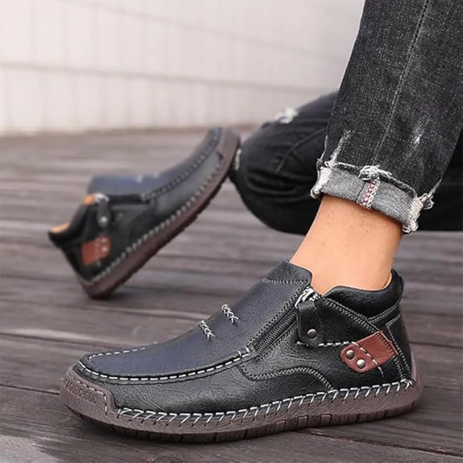 The First Young Shoes Men, Handmade Premium Leather Slip On Driving Boots, Outdoor Casual Shoes