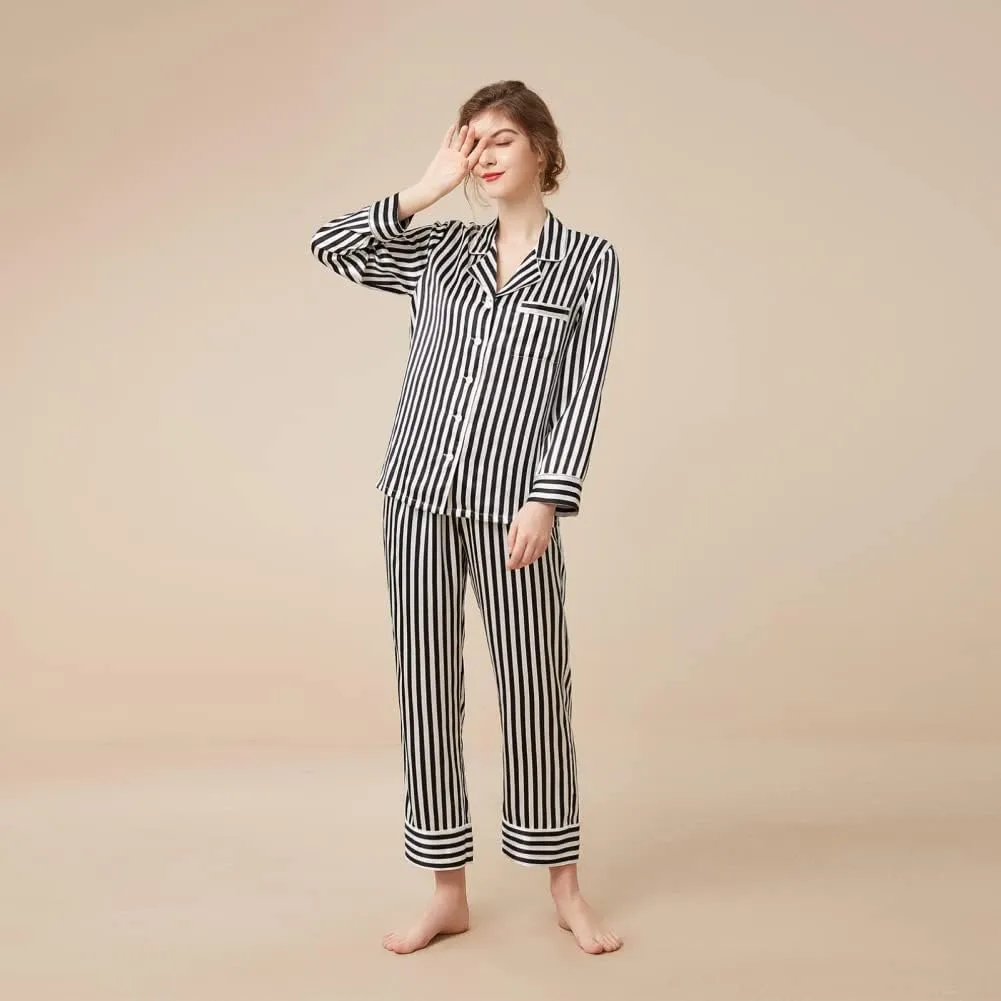 THXSILK Silk Women's Pajama 2-Piece Set, 6A Pure Mulberry Silk Round Neck Long Sleeve Nightwear with Long Pants