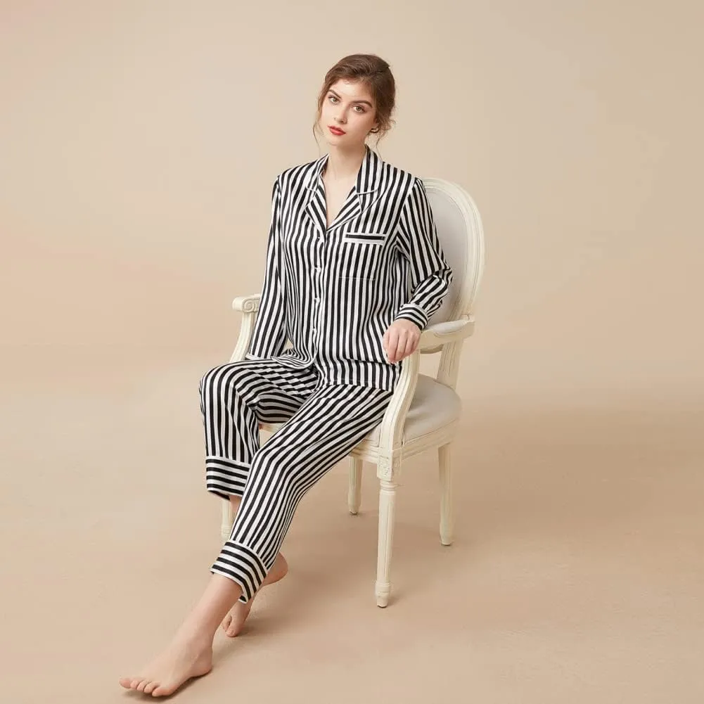 THXSILK Silk Women's Pajama 2-Piece Set, 6A Pure Mulberry Silk Round Neck Long Sleeve Nightwear with Long Pants