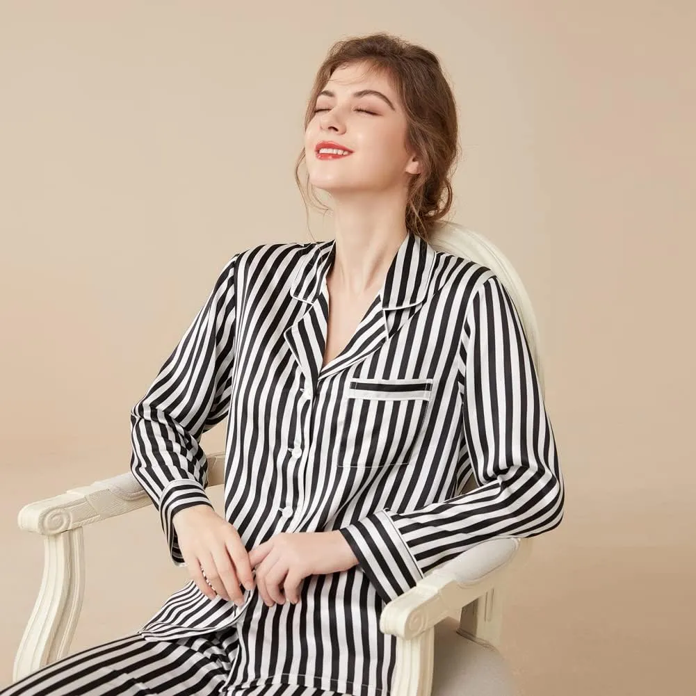 THXSILK Silk Women's Pajama 2-Piece Set, 6A Pure Mulberry Silk Round Neck Long Sleeve Nightwear with Long Pants