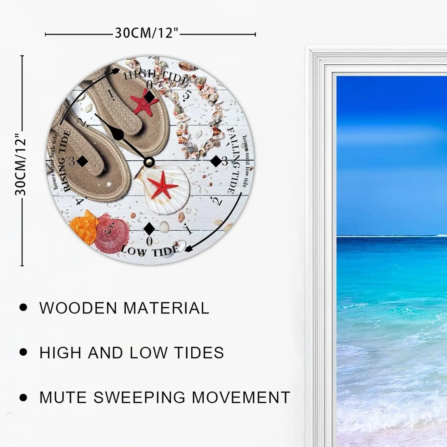 Tide Clock with High and Low Tide Summer and Slippers Wall Wooden Moon Tidal Clock Ocean Time Coastal Clock Nautical Tide Movement Clock for Beach House Deck Board