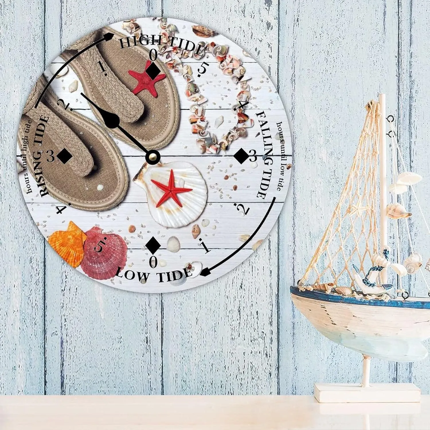 Tide Clock with High and Low Tide Summer and Slippers Wall Wooden Moon Tidal Clock Ocean Time Coastal Clock Nautical Tide Movement Clock for Beach House Deck Board