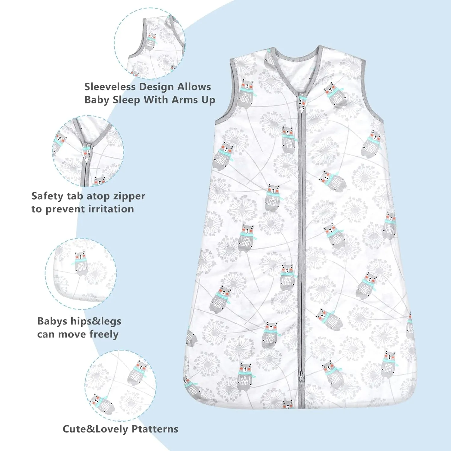 TILLYOU Sleep Sack 12-18 Months - 0.5 TOG Baby Wearable Blanket with 2-Way Zipper, Extra Soft Cotton Sleeveless Sleeping sack 2 Pack, Bear & Dandelion