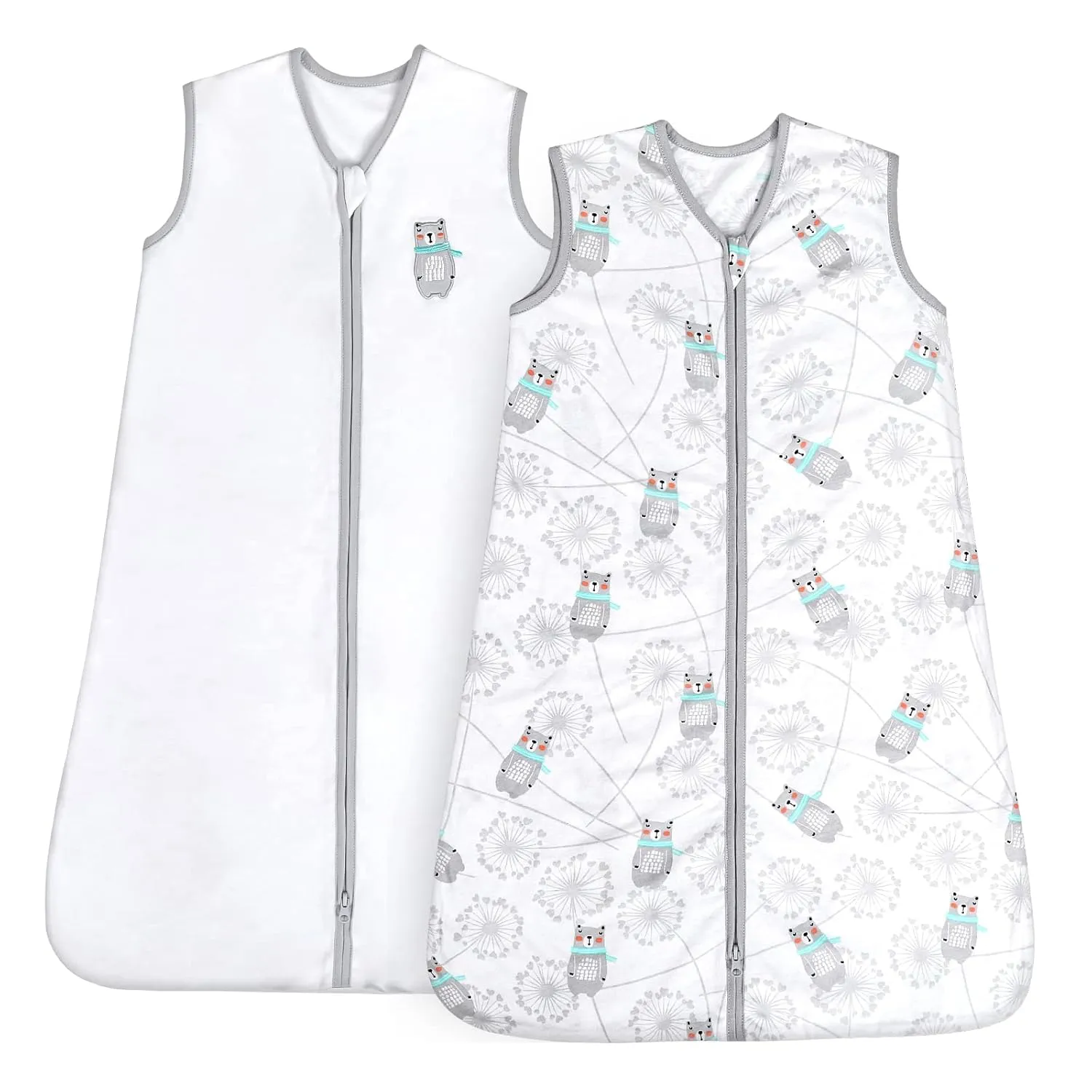 TILLYOU Sleep Sack 12-18 Months - 0.5 TOG Baby Wearable Blanket with 2-Way Zipper, Extra Soft Cotton Sleeveless Sleeping sack 2 Pack, Bear & Dandelion