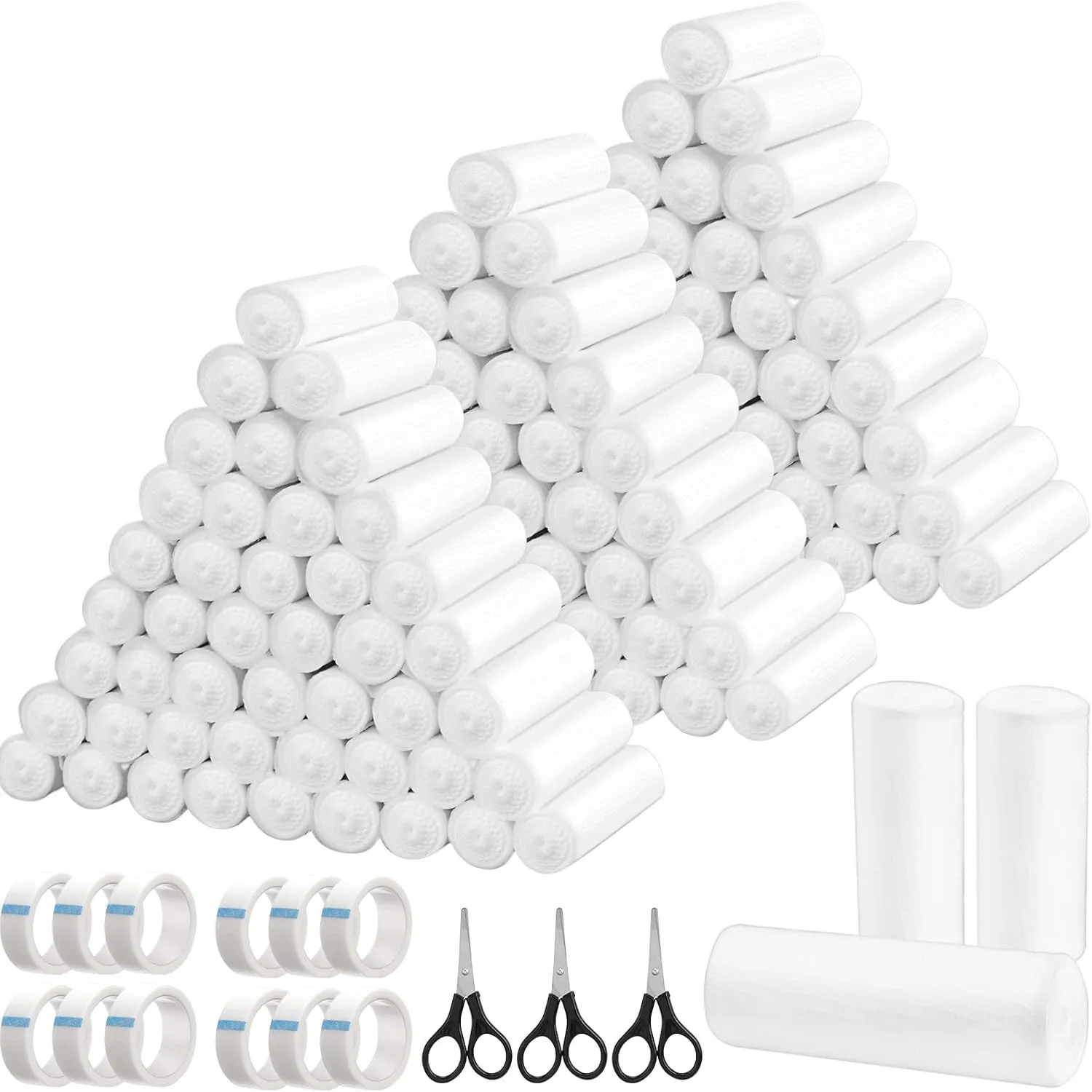 Timgle 180 Pack Gauze Rolls Bandages Set 4 in x 4.1 Yards Stretch Bandage White Rolled Breathable Gauze Wrap with 12 Non Woven Tape and 3 Black Scissors for Wound Care First Aid Supplies