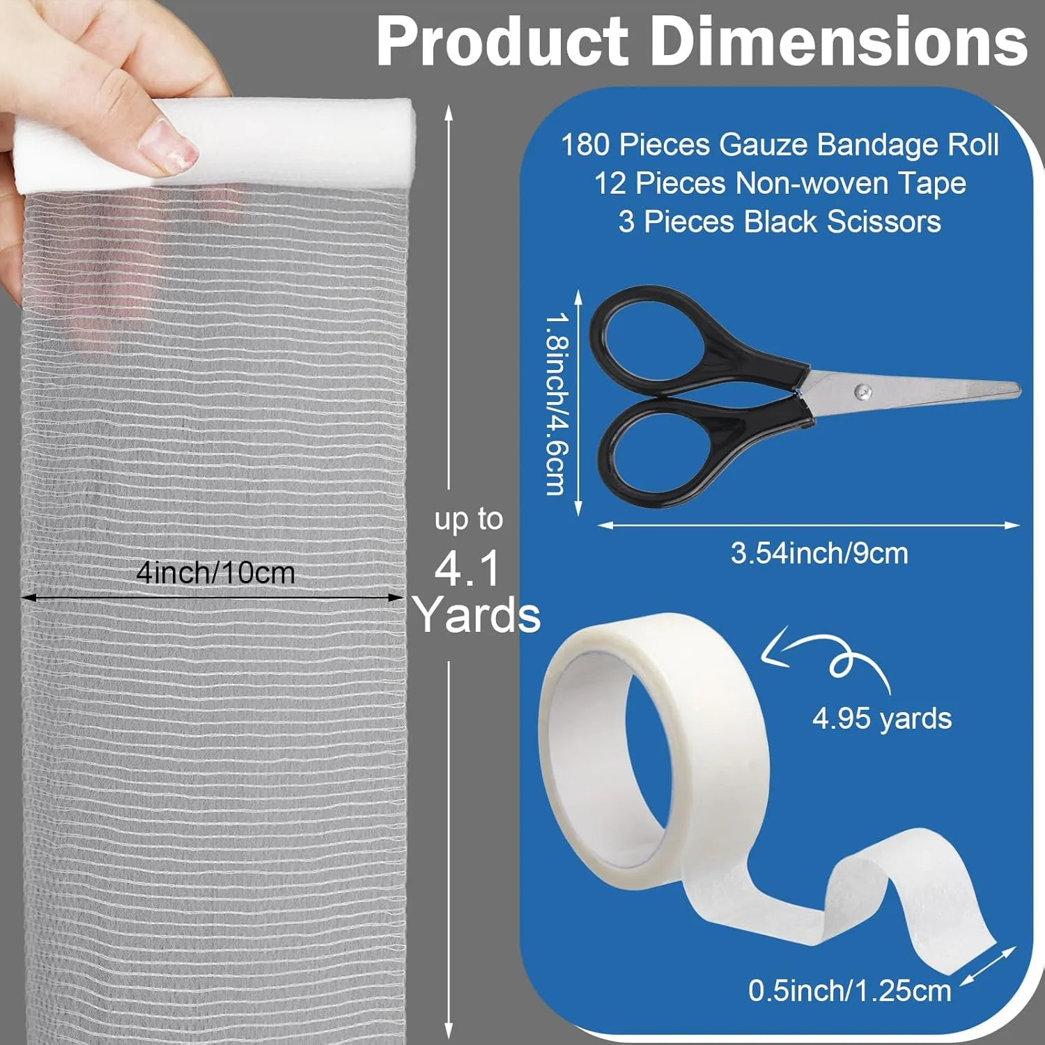 Timgle 180 Pack Gauze Rolls Bandages Set 4 in x 4.1 Yards Stretch Bandage White Rolled Breathable Gauze Wrap with 12 Non Woven Tape and 3 Black Scissors for Wound Care First Aid Supplies