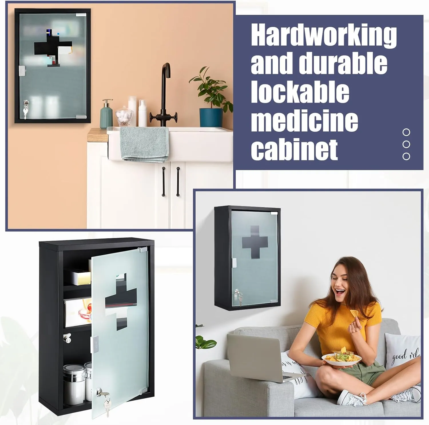 Timgle First Aid Wall Cabinet with Lock Medicine Wall Mounted Bathroom Storage Hanging Medical Cabinet with Safety Glass Door for Bathroom(3 Shelves,Black)