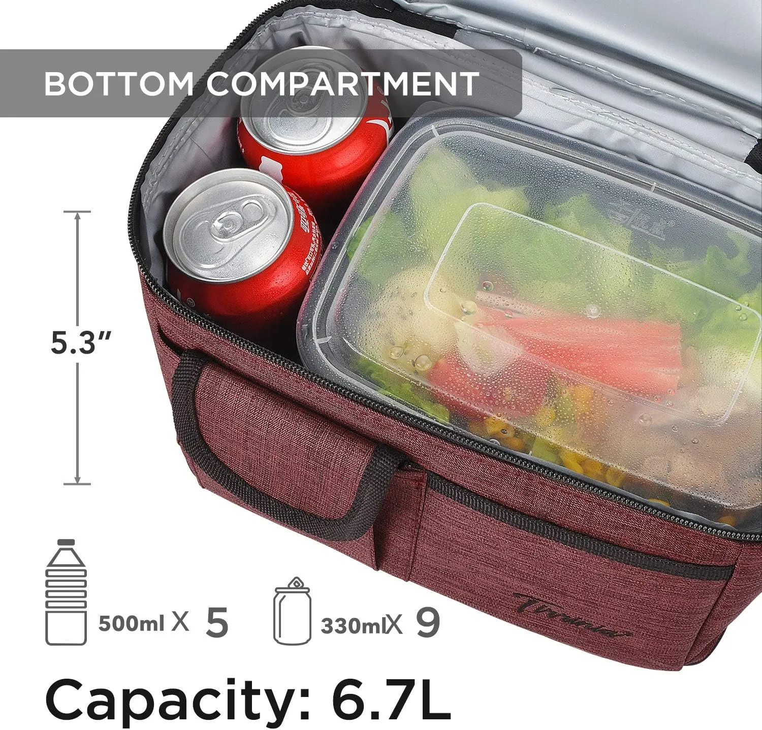 Tirrinia Insulated Lunch Bag for Women Men, Leakproof Thermal Bento Lunch Box, 2-Compartment Lunch Cooler for Adults Work, Office, Durable Lunch Tote 10.2" x 7.5" x 9", Red