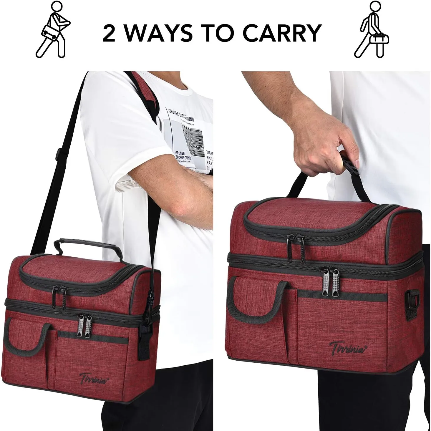 Tirrinia Insulated Lunch Bag for Women Men, Leakproof Thermal Bento Lunch Box, 2-Compartment Lunch Cooler for Adults Work, Office, Durable Lunch Tote 10.2" x 7.5" x 9", Red