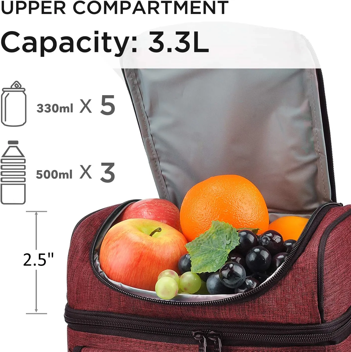 Tirrinia Insulated Lunch Bag for Women Men, Leakproof Thermal Bento Lunch Box, 2-Compartment Lunch Cooler for Adults Work, Office, Durable Lunch Tote 10.2" x 7.5" x 9", Red
