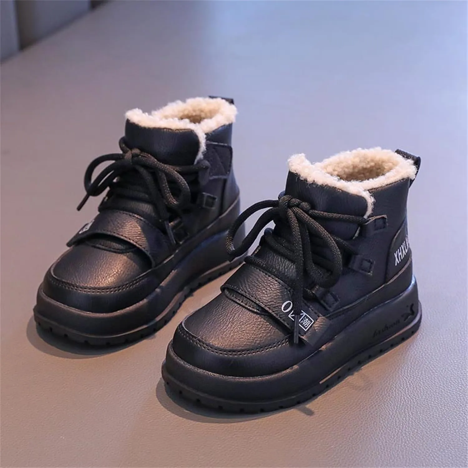Toddler Lace-Up Fuzzy Booties Baby Infant Leather Soft Boots Outdoor Indoor Warm Thick First Walking Shoes Fashion Comfy