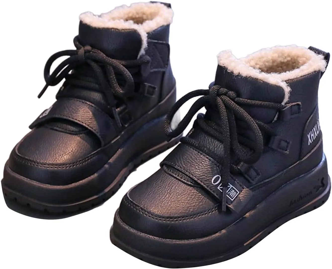 Toddler Lace-Up Fuzzy Booties Baby Infant Leather Soft Boots Outdoor Indoor Warm Thick First Walking Shoes Fashion Comfy