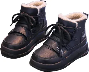 Toddler Lace-Up Fuzzy Booties Baby Infant Leather Soft Boots Outdoor Indoor Warm Thick First Walking Shoes Fashion Comfy