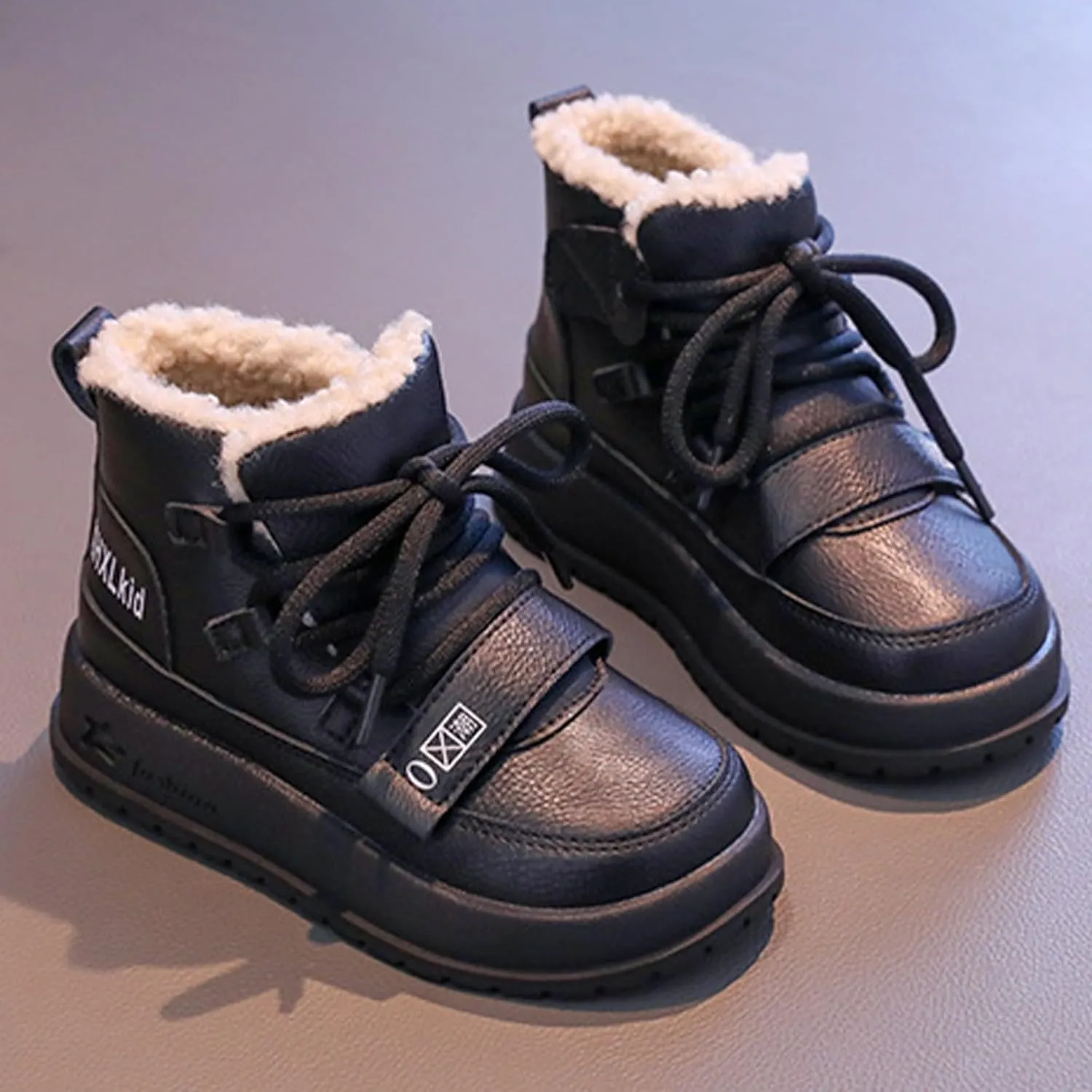 Toddler Lace-Up Fuzzy Booties Baby Infant Leather Soft Boots Outdoor Indoor Warm Thick First Walking Shoes Fashion Comfy