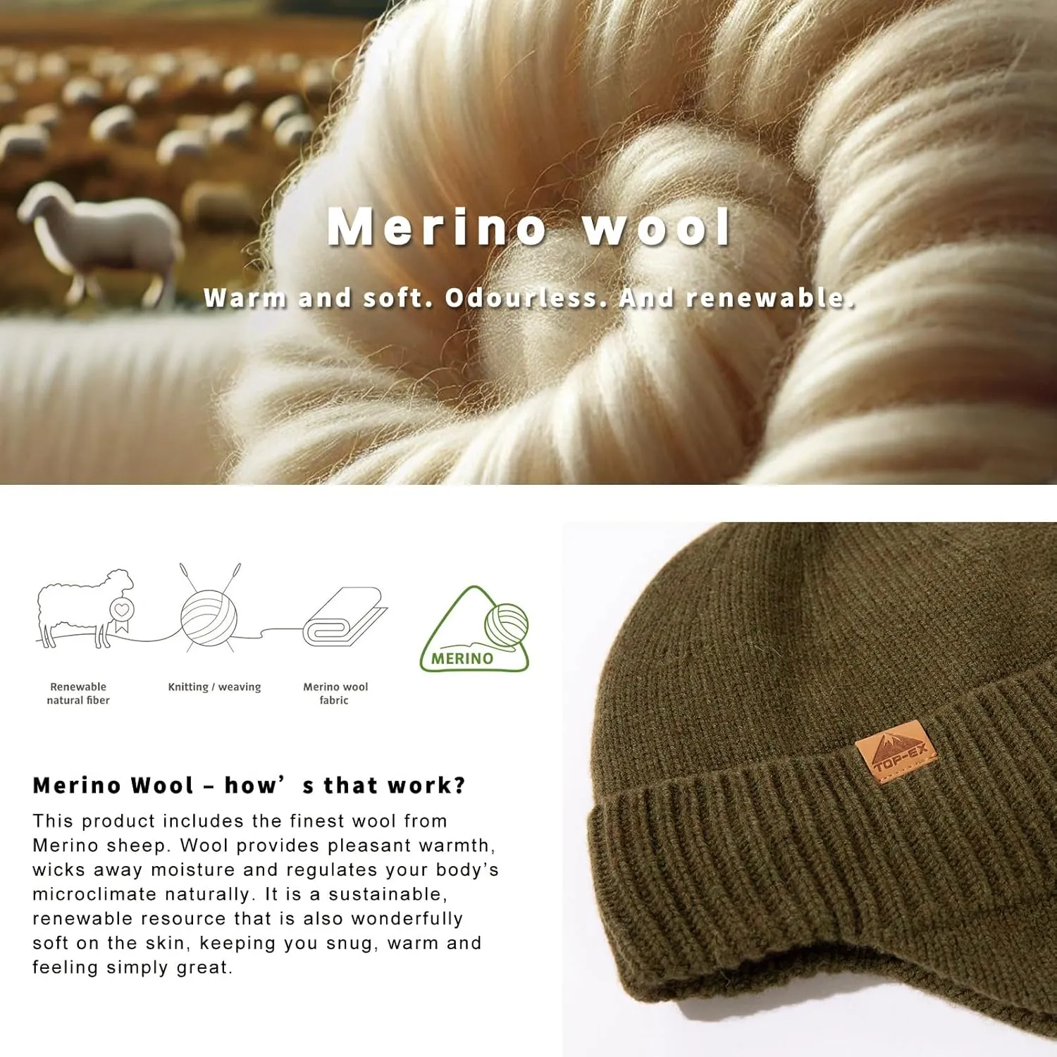 TOP-EX XL/XXL Unisex 80% Merino Wool Waterproof Beanie with Ear Flap Winter Fleece Lined Beanie Hat