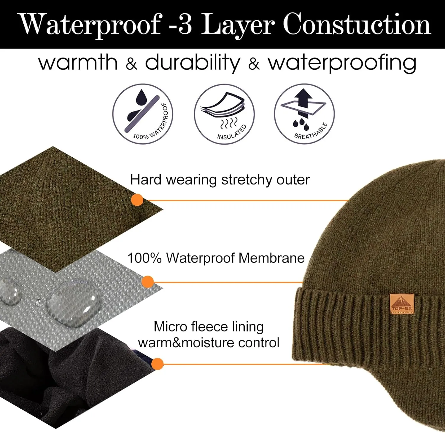 TOP-EX XL/XXL Unisex 80% Merino Wool Waterproof Beanie with Ear Flap Winter Fleece Lined Beanie Hat