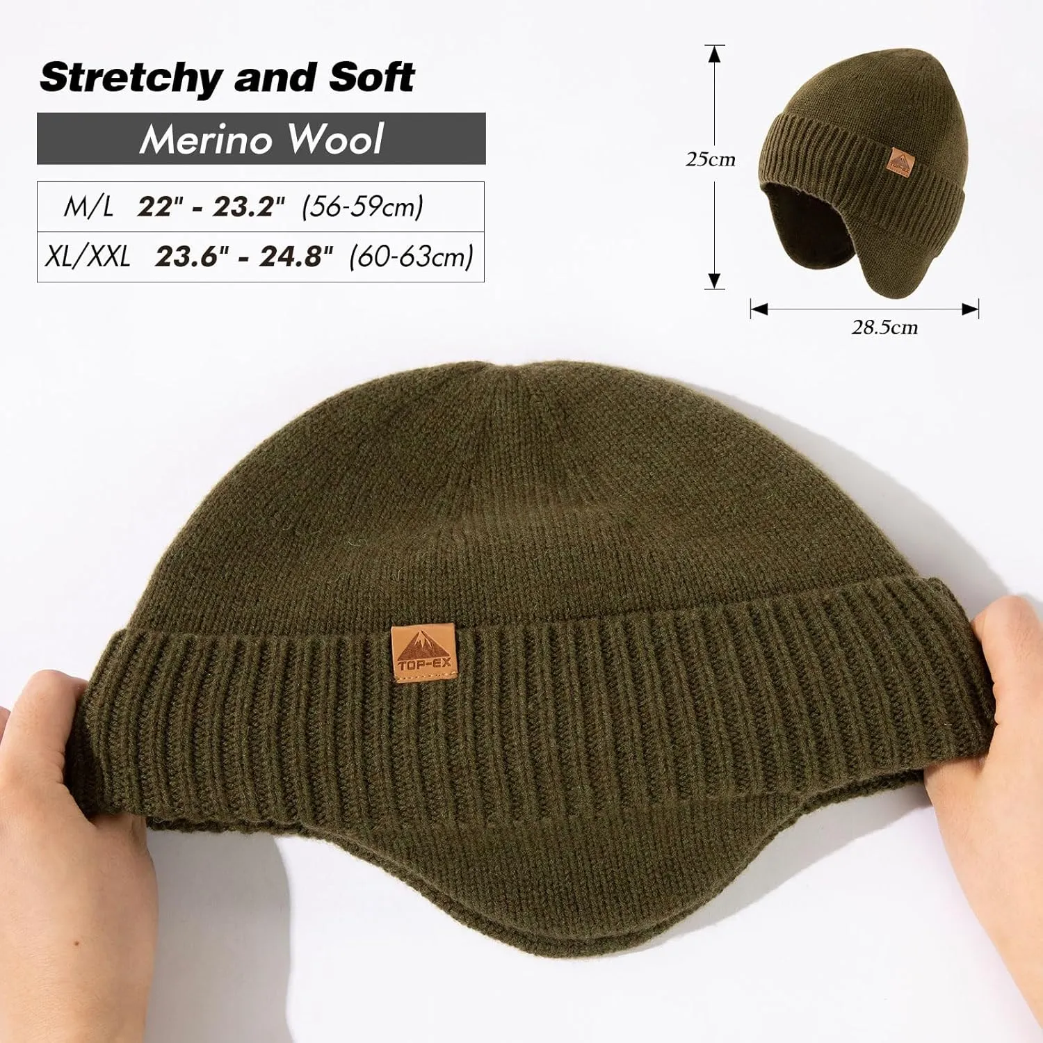TOP-EX XL/XXL Unisex 80% Merino Wool Waterproof Beanie with Ear Flap Winter Fleece Lined Beanie Hat