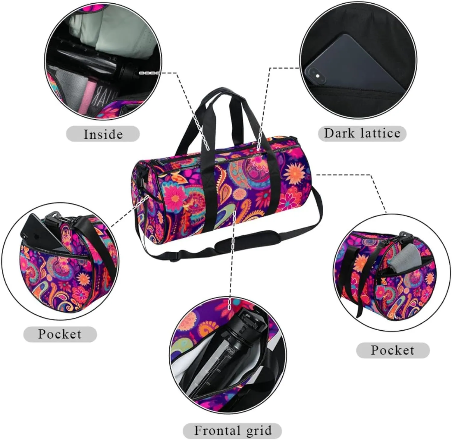 Travel Bag,Mens Gym Bag,Womens Gym Bag,Colorful Paisley Ethnic Floral,Sports Bag