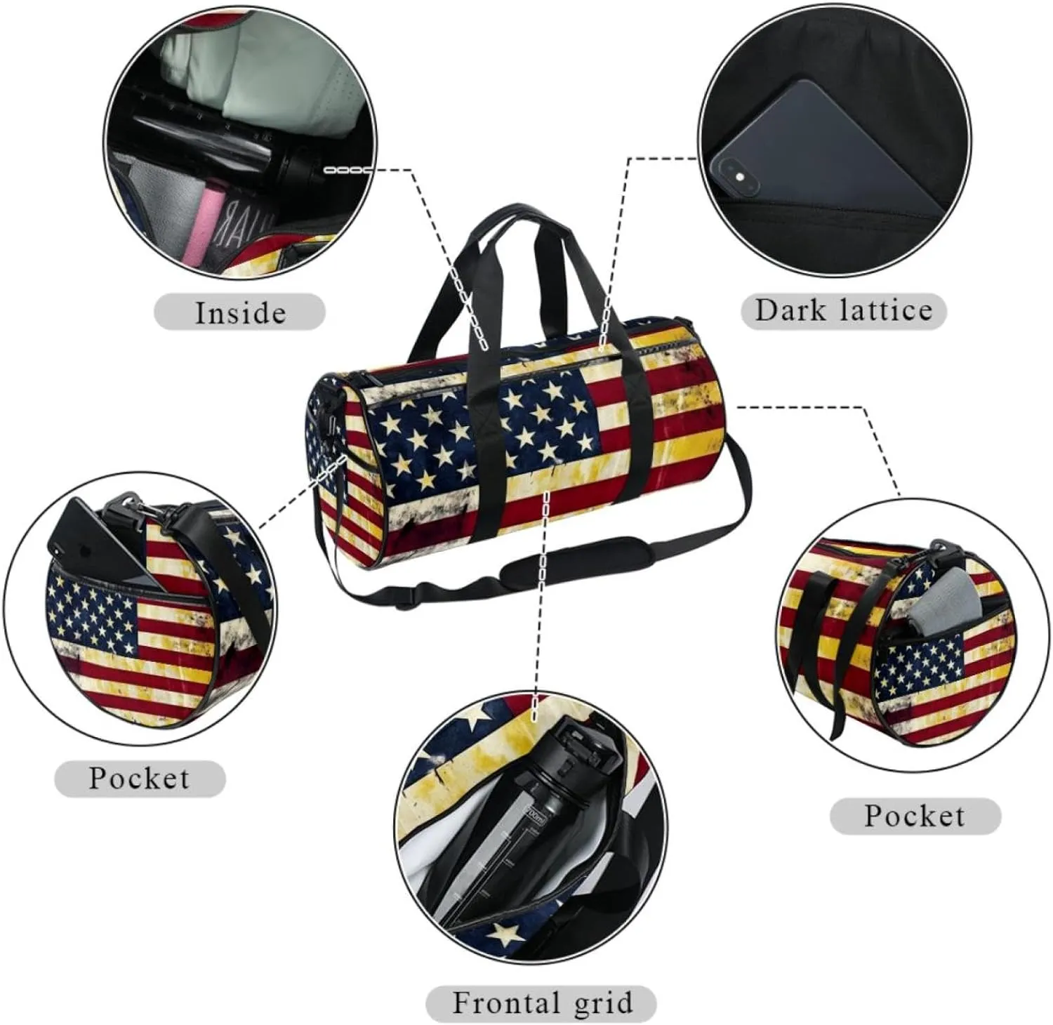 Travel Bag,Mens Gym Bag,Womens Gym Bag,Vintage American Flag Print,Sports Bag