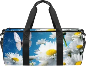 Travel Bag,Mens Gym Bag,Womens Gym Bag,White Daisy Butterfly Flower,Sports Bag