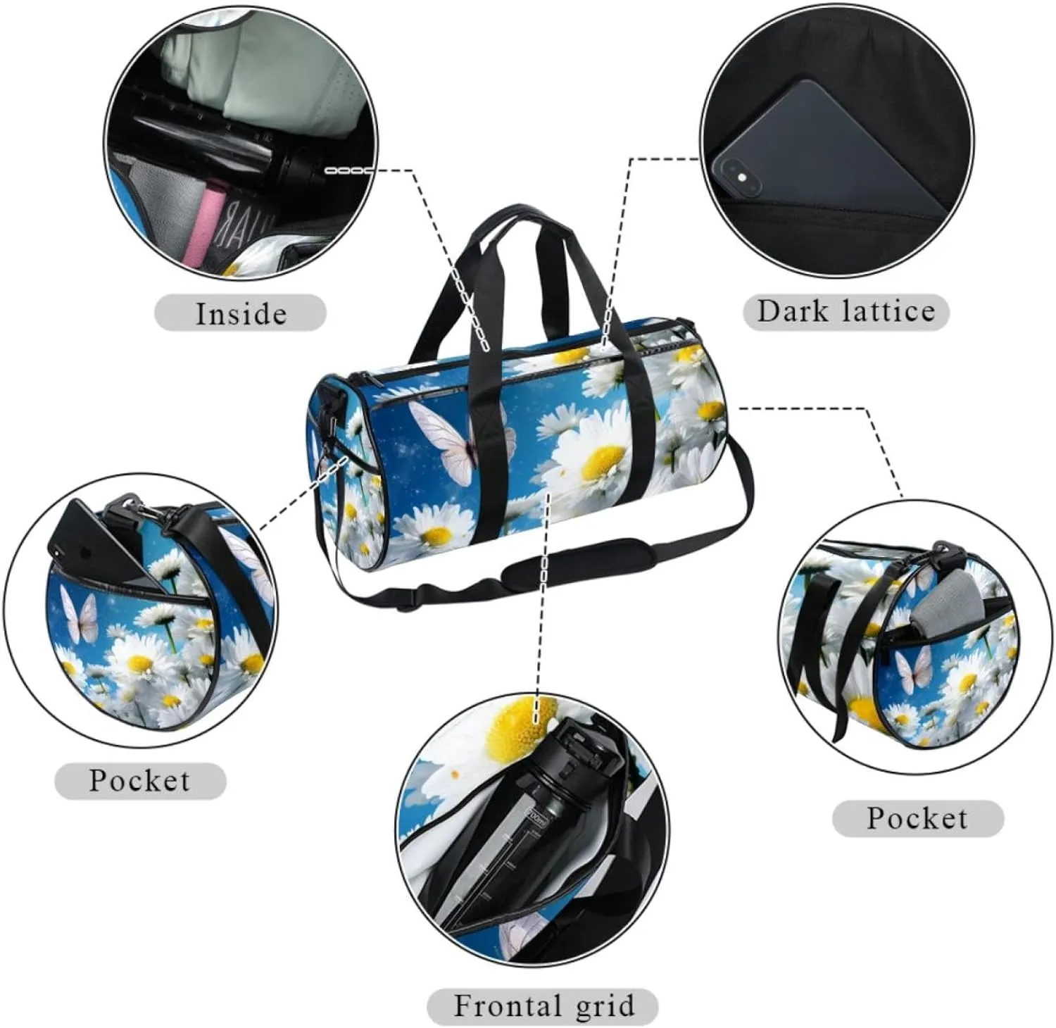 Travel Bag,Mens Gym Bag,Womens Gym Bag,White Daisy Butterfly Flower,Sports Bag