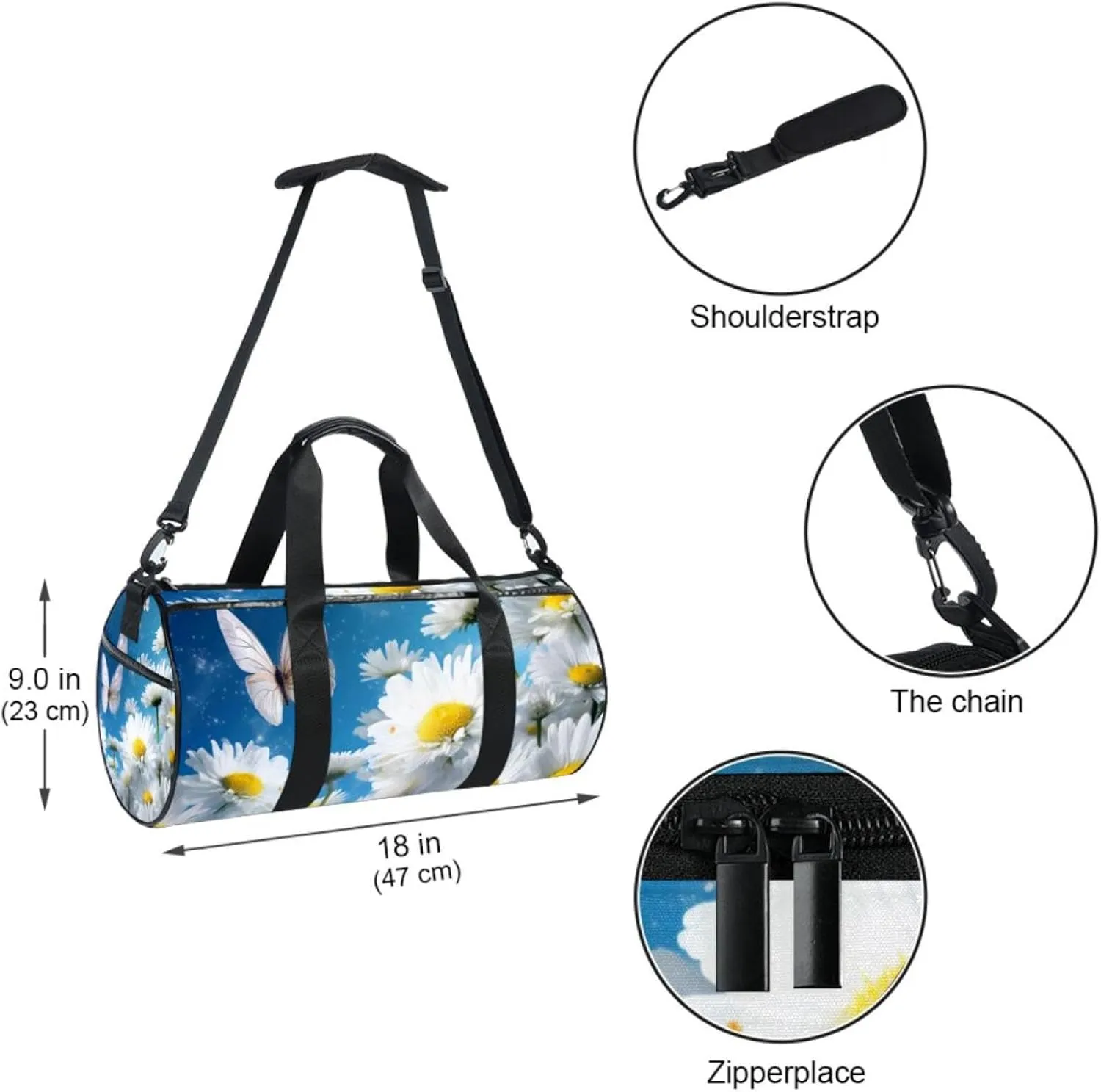 Travel Bag,Mens Gym Bag,Womens Gym Bag,White Daisy Butterfly Flower,Sports Bag