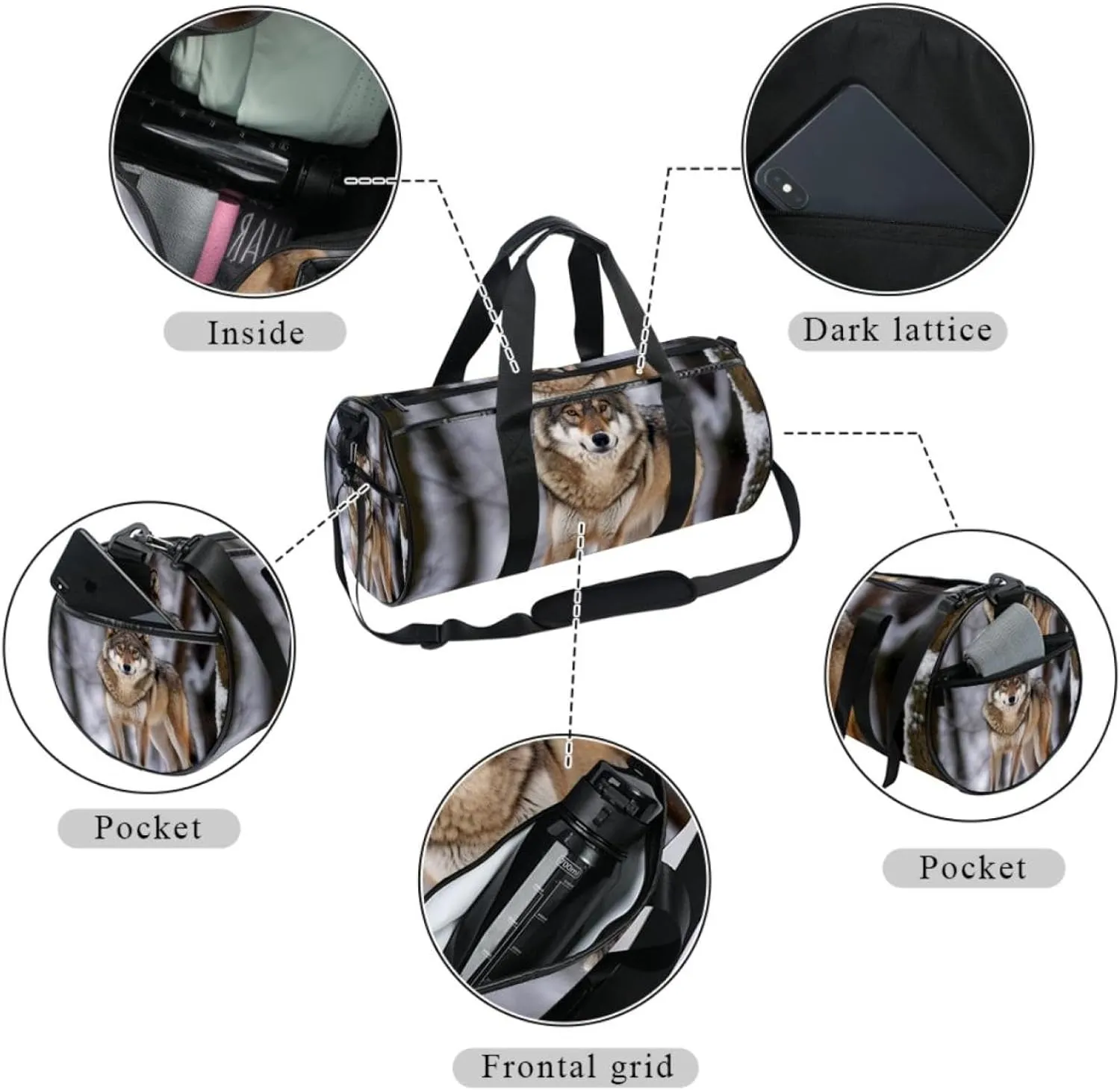 Travel Bag,Mens Gym Bag,Womens Gym Bag,Wild Animal Wolf Snow,Sports Bag