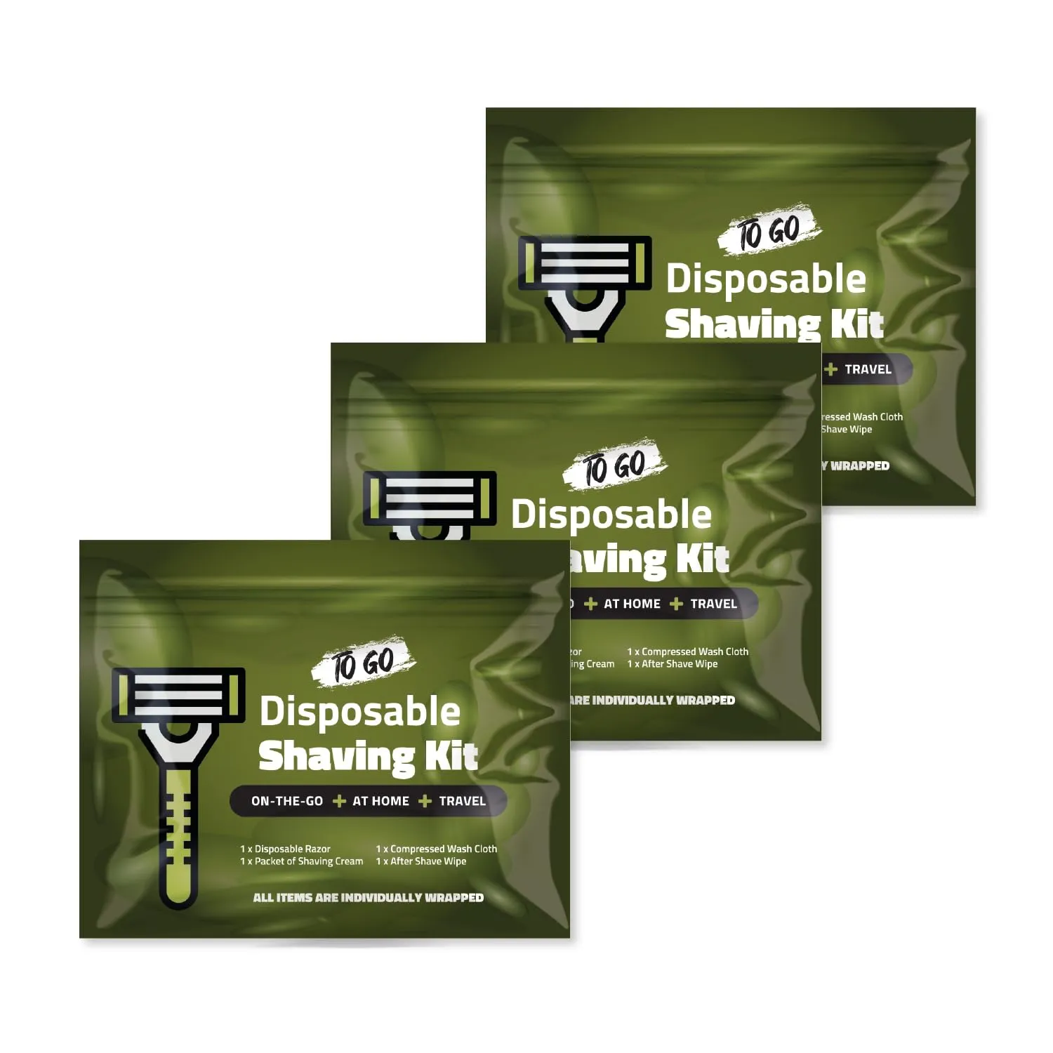 Travel Shaving Kit with Razor, Shaving Cream, Washcloth and Aftershave Wipe, Men's Disposable Grooming Pack (Green) (3)